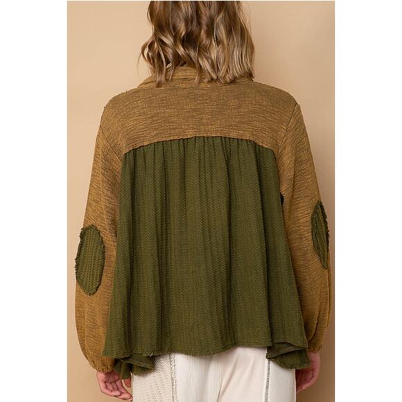 POL Olive Size Medium Button Down Ruffled Cut Sew Sweater Panels Knit Top - Picture 3 of 4